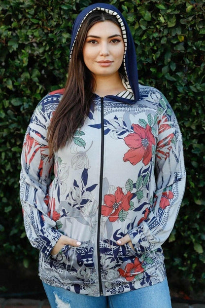 Tasha Apparel Full Size Floral Zip Up Hoodie - Love Salve