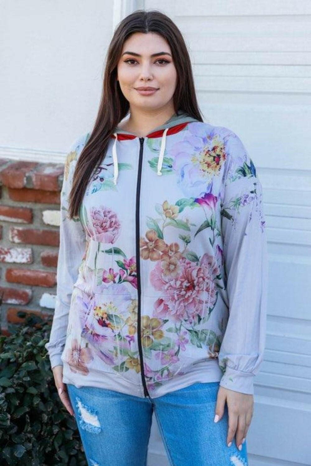 Tasha Apparel Full Size Floral Zip Up Hoodie - Love Salve