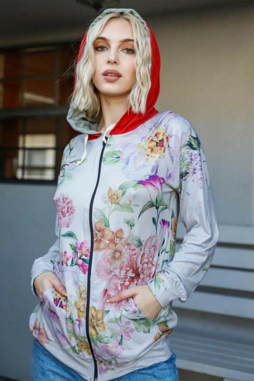 Tasha Apparel Full Size Floral Zip Up Hoodie - Love Salve