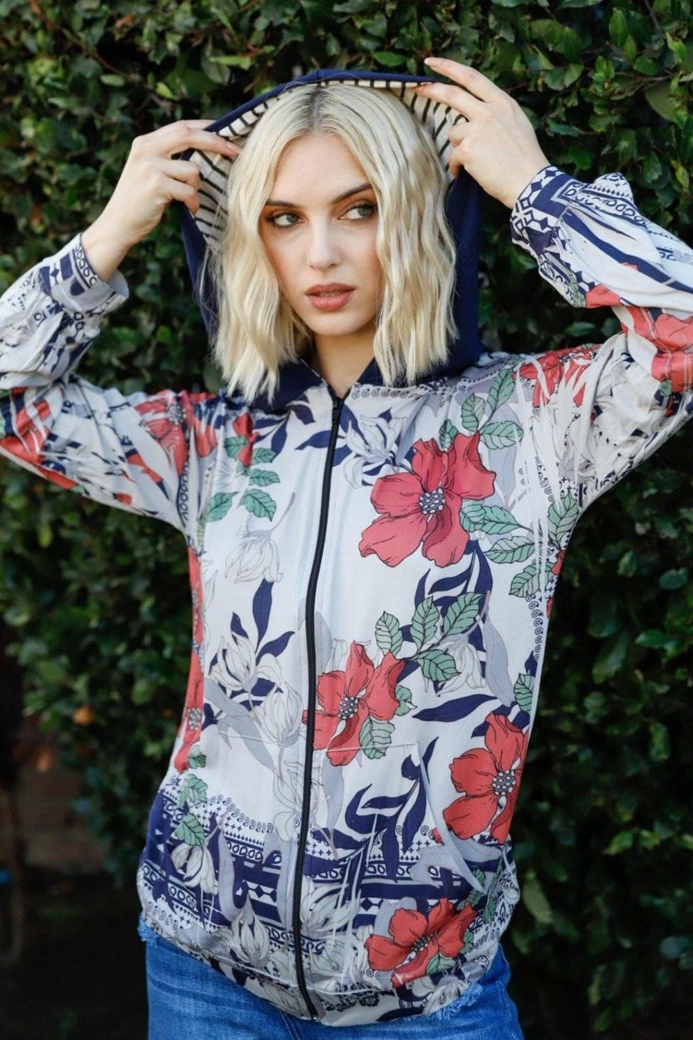 Tasha Apparel Full Size Floral Zip Up Hoodie - Love Salve