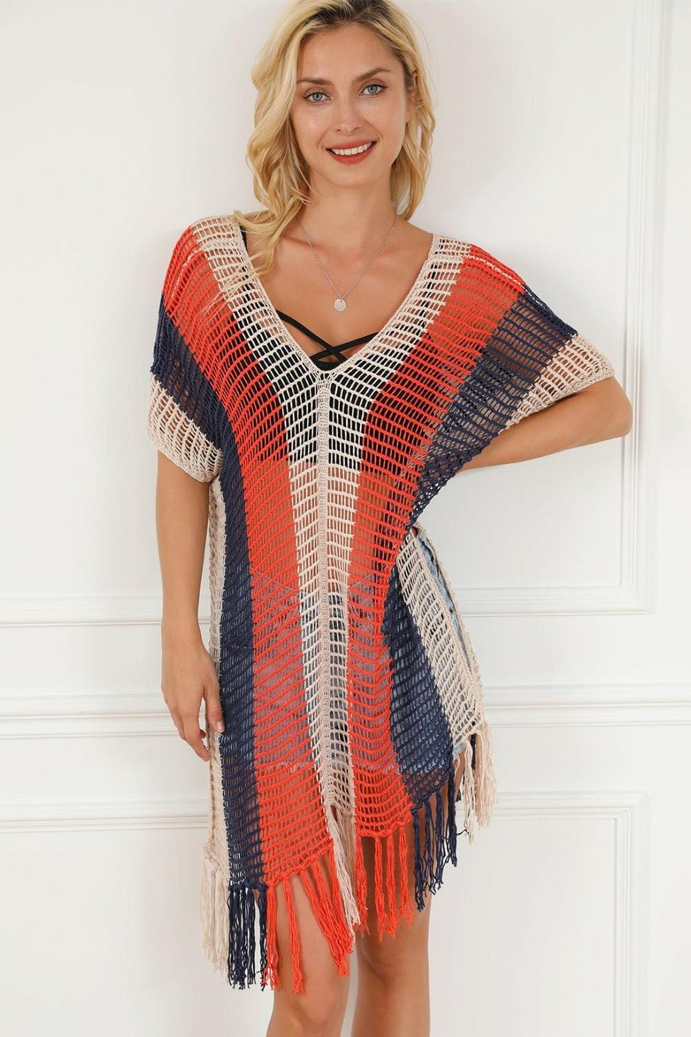 Tassel Color Block V-Neck Cover Up - Love Salve