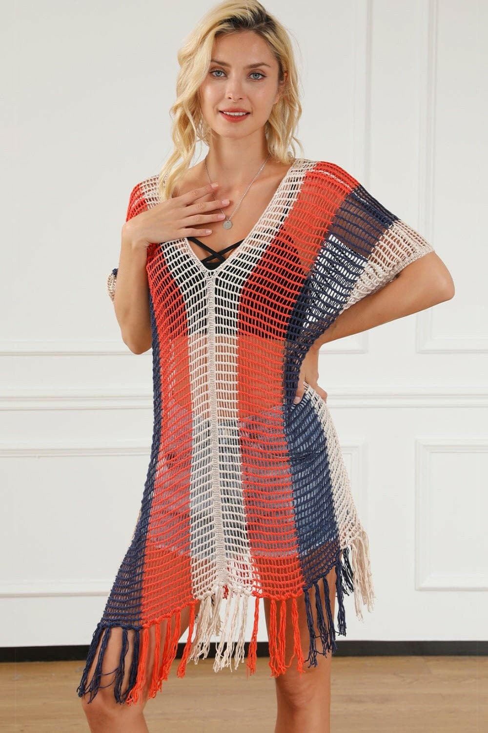 Tassel Color Block V-Neck Cover Up - Love Salve