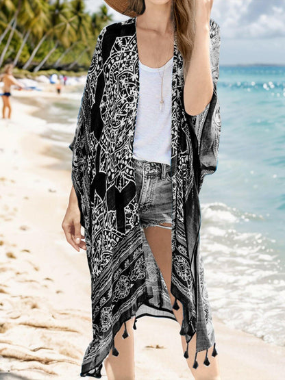 Tassel Printed Open Front Cardigan - Love Salve