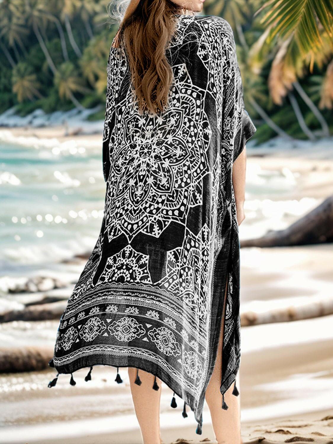 Tassel Printed Open Front Cardigan - Love Salve