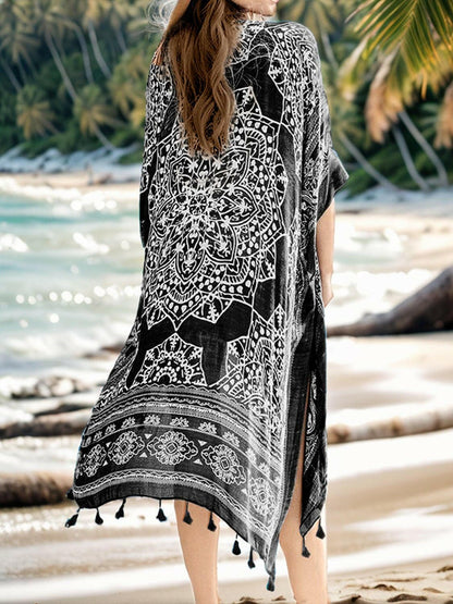 Tassel Printed Open Front Cardigan - Love Salve