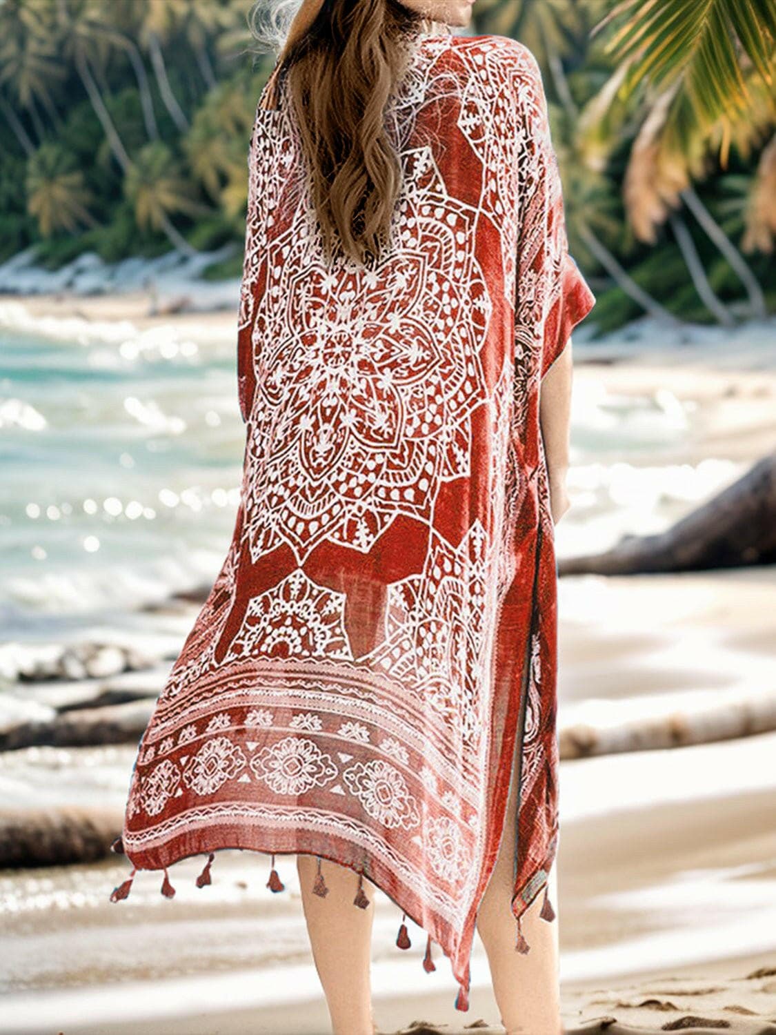 Tassel Printed Open Front Cardigan - Love Salve