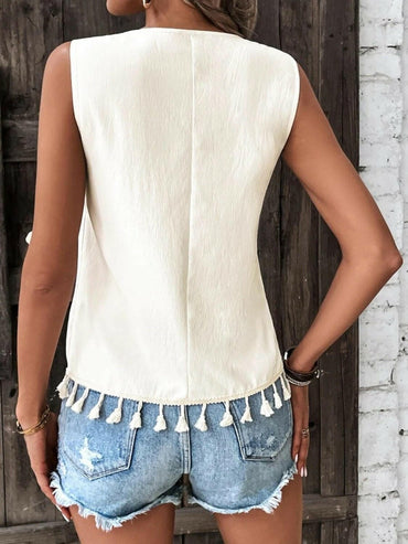 Tassel Detail V-Neck Sheer Tank TopExperience Effortless Elegance with Our Tassel Detail V-Neck Sheer Tank Top
 Indulge in sheer sophistication with our Tassel Detail V-Neck Sheer Tank Top, a versatilLove Salve -Neck Sheer Tank Topjust arrived