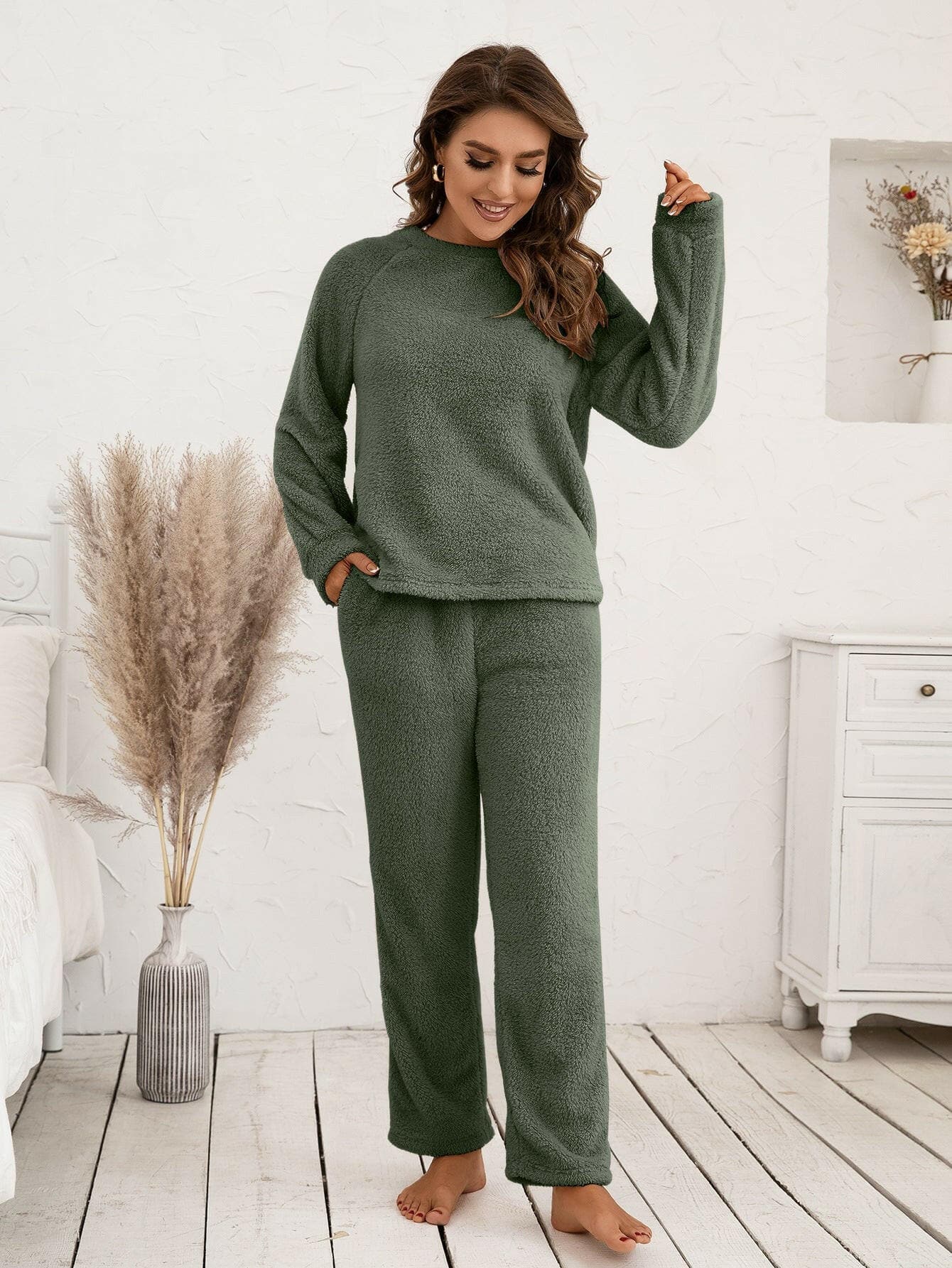 Teddy Long Sleeve Top and Pants Lounge Set - Love Salve