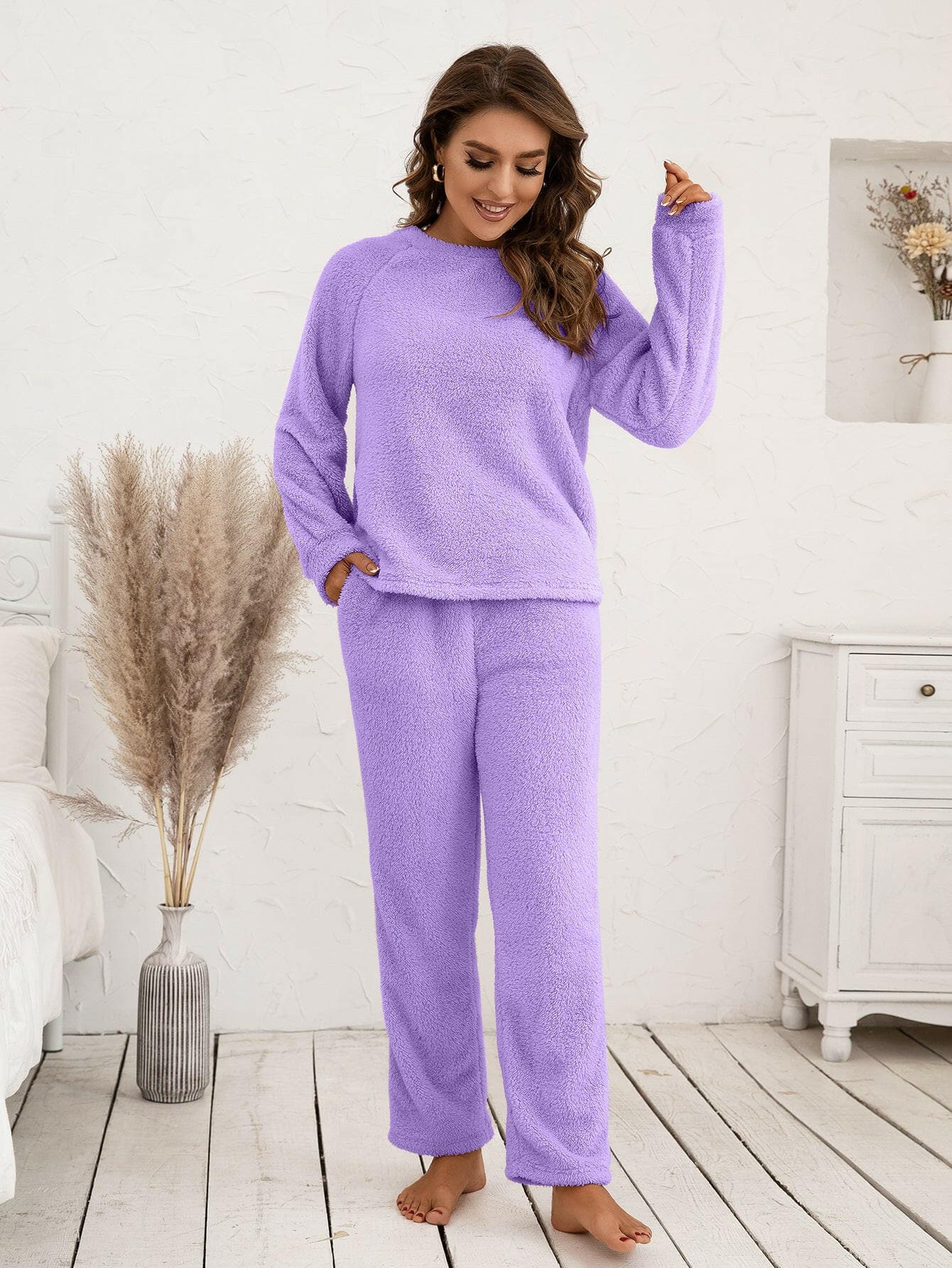 Teddy Long Sleeve Top and Pants Lounge Set - Love Salve