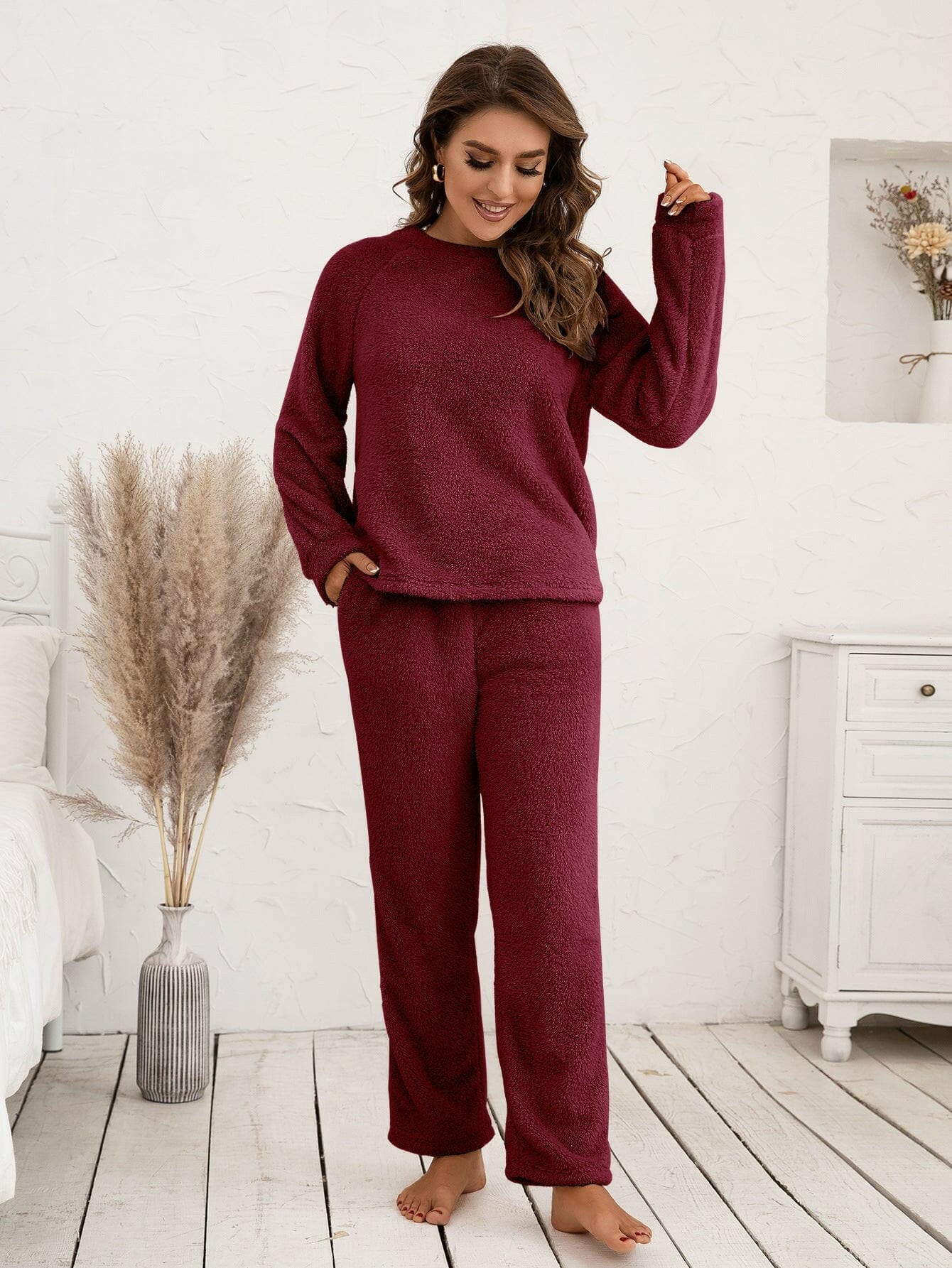 Teddy Long Sleeve Top and Pants Lounge Set - Love Salve