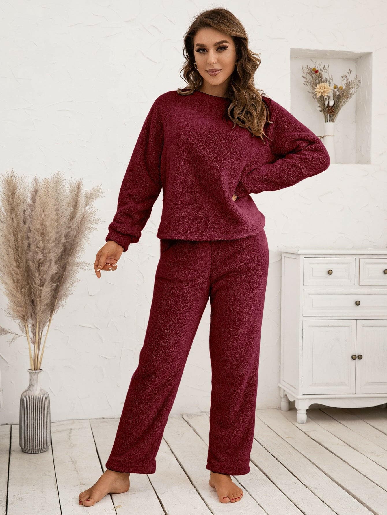 Teddy Long Sleeve Top and Pants Lounge Set - Love Salve