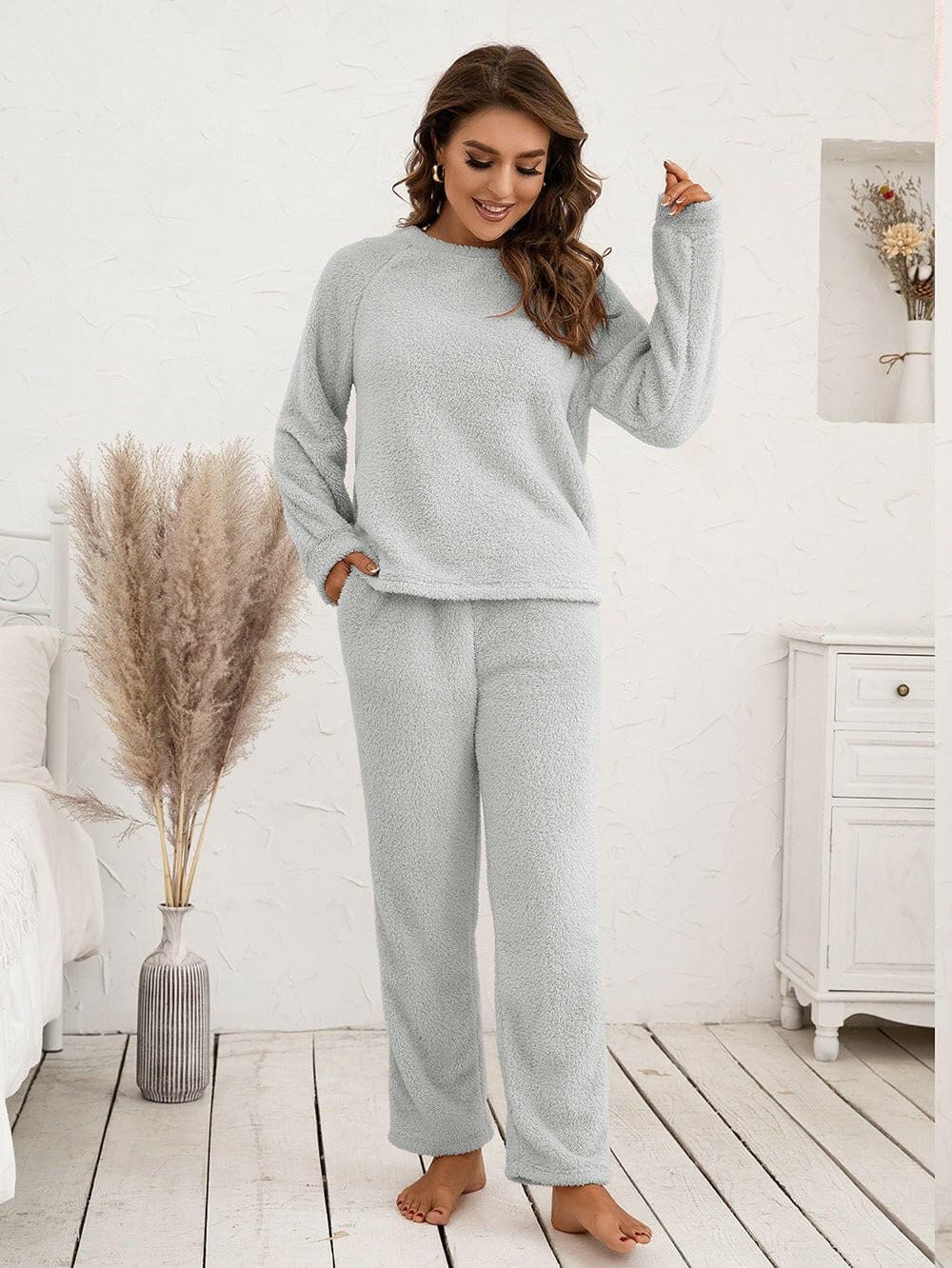 Teddy Long Sleeve Top and Pants Lounge Set - Love Salve