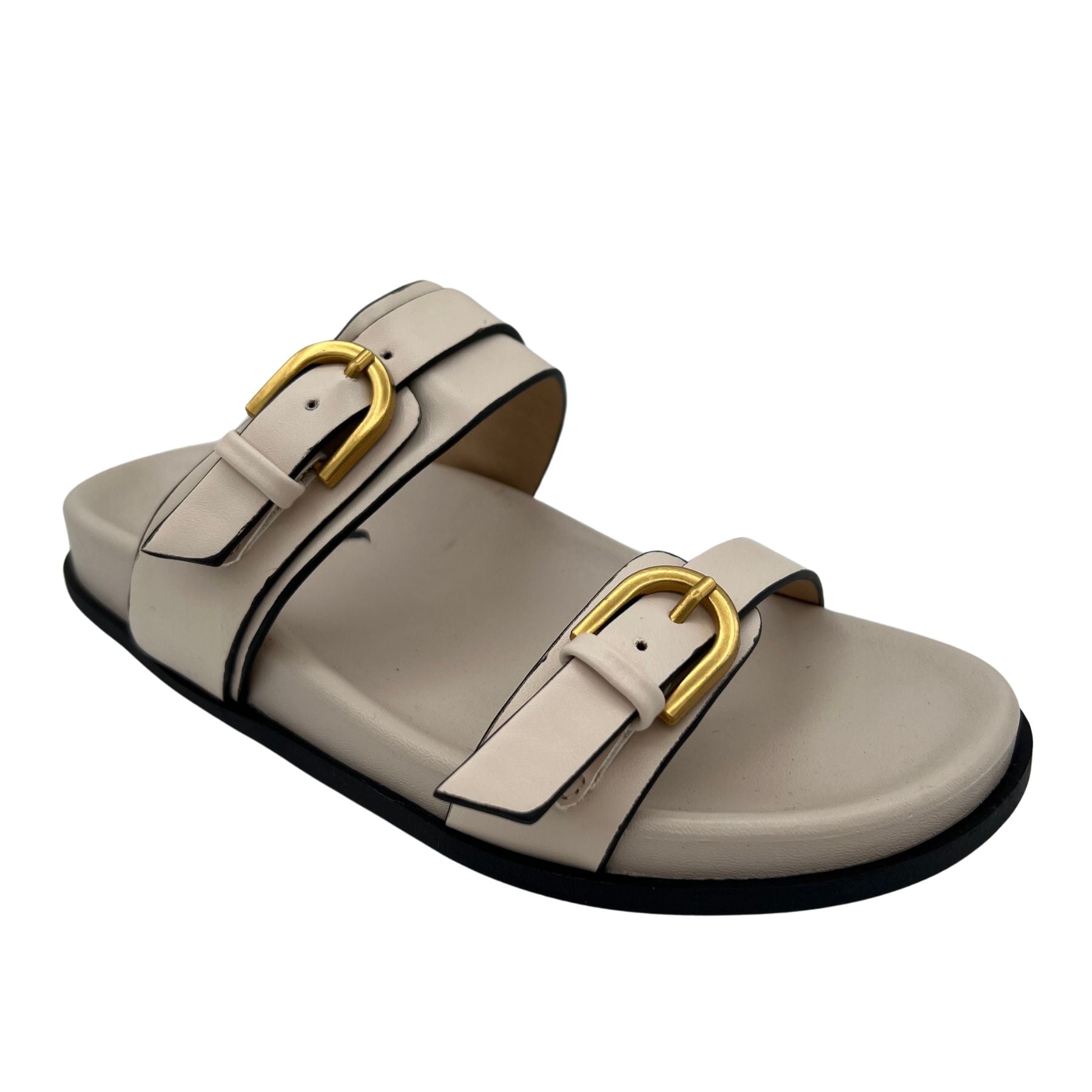 Tess Sandal Cream Upgraded Footbed Dual Straps Gold Buckle Naughty Monkey