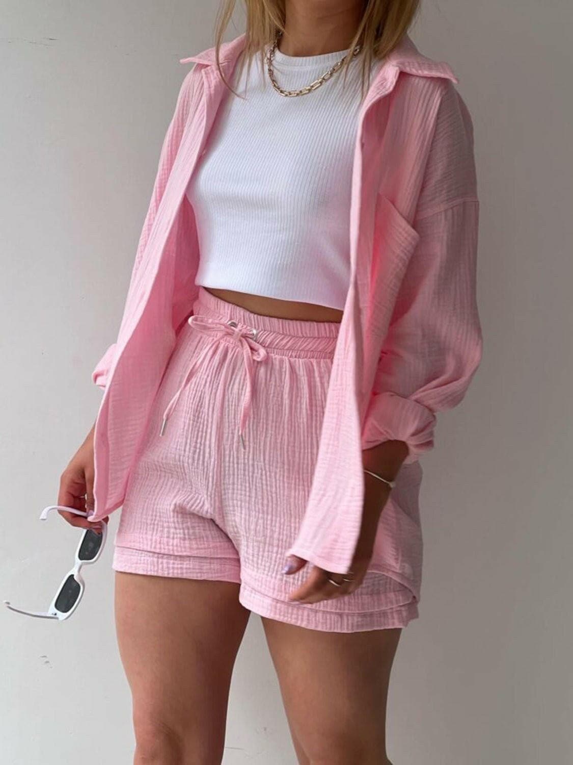 Chic Textured Shirt and Drawstring Shorts EnsembleChic Textured Shirt and Drawstring Shorts Ensemble
 Upgrade your style effortlessly with our chic textured shirt and drawstring shorts ensemble. Embrace a modern andLove Salve Chic Textured ShirtColor