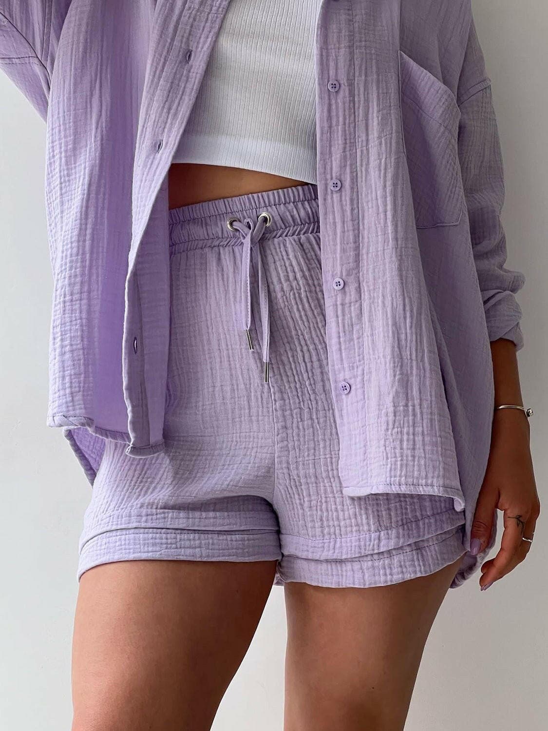 Chic Textured Shirt and Drawstring Shorts EnsembleChic Textured Shirt and Drawstring Shorts Ensemble
 Upgrade your style effortlessly with our chic textured shirt and drawstring shorts ensemble. Embrace a modern andLove Salve Chic Textured ShirtColor