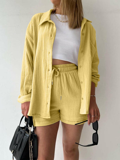 Chic Textured Shirt and Drawstring Shorts EnsembleChic Textured Shirt and Drawstring Shorts Ensemble
 Upgrade your style effortlessly with our chic textured shirt and drawstring shorts ensemble. Embrace a modern andLove Salve Chic Textured ShirtColor