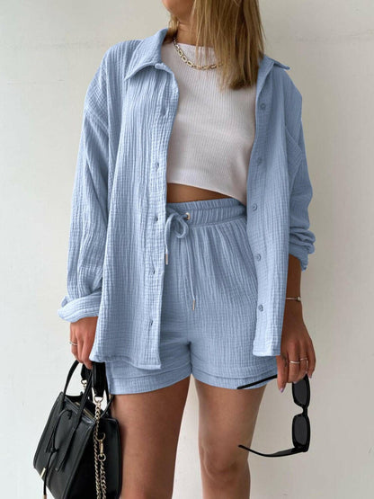 Chic Textured Shirt and Drawstring Shorts EnsembleChic Textured Shirt and Drawstring Shorts Ensemble
 Upgrade your style effortlessly with our chic textured shirt and drawstring shorts ensemble. Embrace a modern andLove Salve Chic Textured ShirtColor