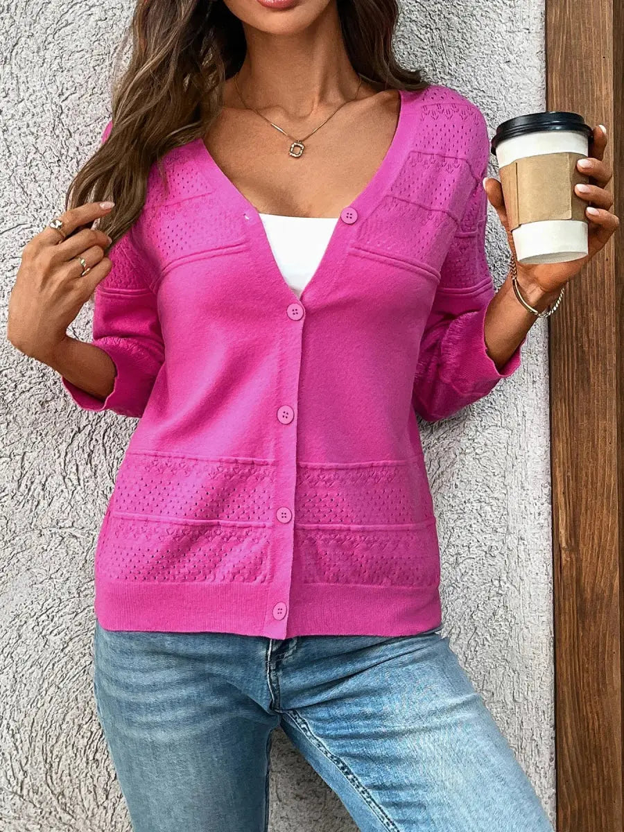 Textured Button - Front Cardigan with 3/4 Sleeves - Love Salve