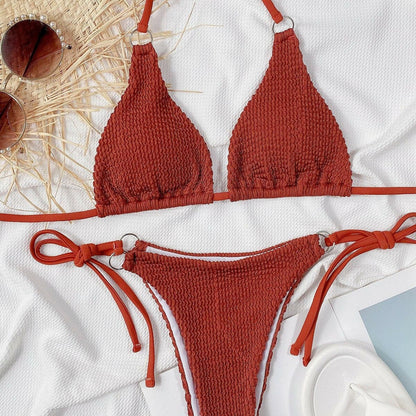 Textured Halter Neck Tie Side Bikini Set - Love Salve