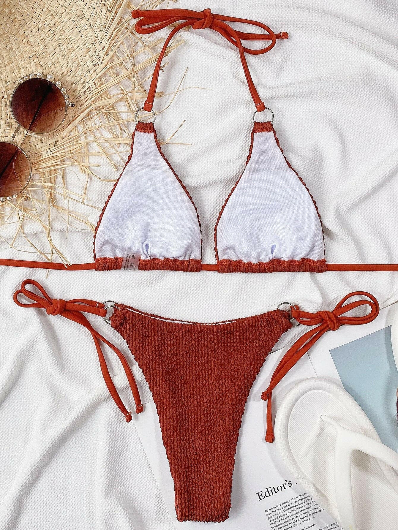 Textured Halter Neck Tie Side Bikini Set - Love Salve