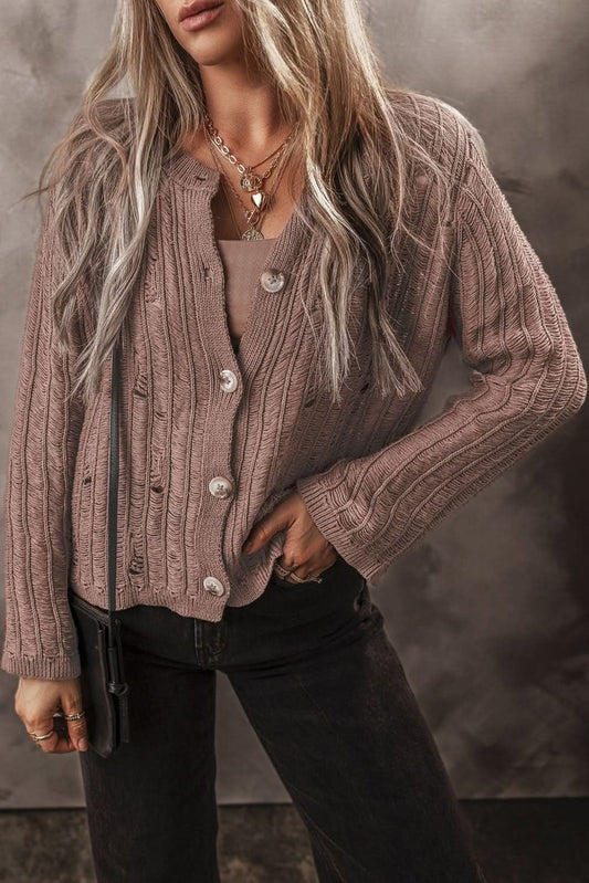 Textured Knit Buttoned Cardigan with Unique Goat Cut - Out Design - Love Salve