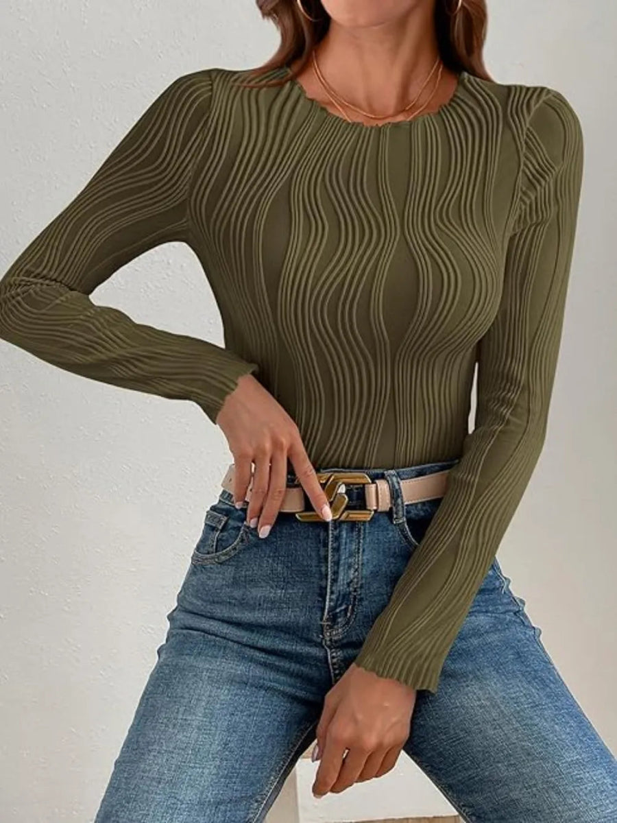 Textured Round Neck Long Sleeve Top for Everyday Wear - Love Salve