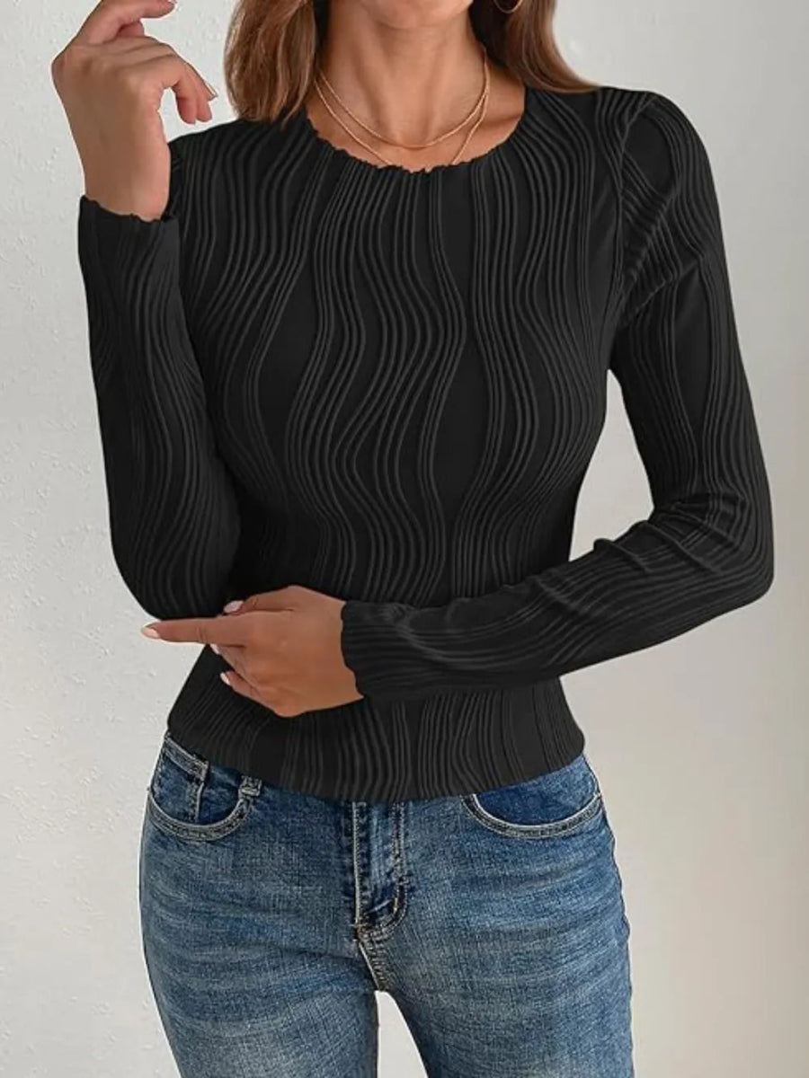Textured Round Neck Long Sleeve Top for Everyday Wear - Love Salve