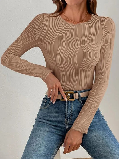 Textured Round Neck Long Sleeve Top for Everyday Wear - Love Salve