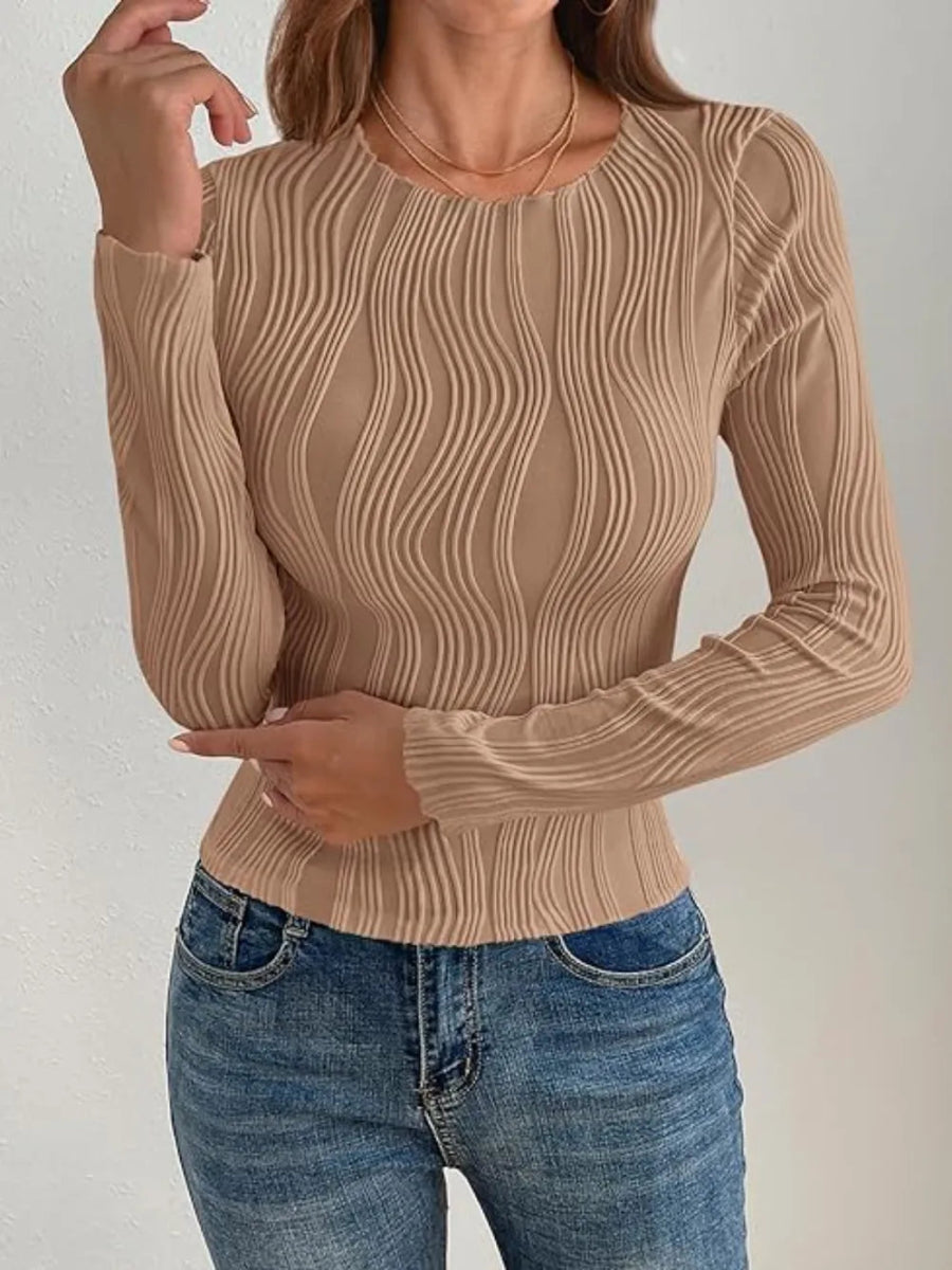 Textured Round Neck Long Sleeve Top for Everyday Wear - Love Salve