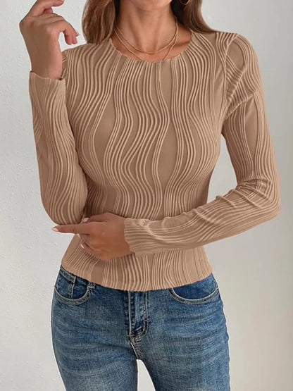 Textured Round Neck Long Sleeve Top for Everyday Wear - Love Salve