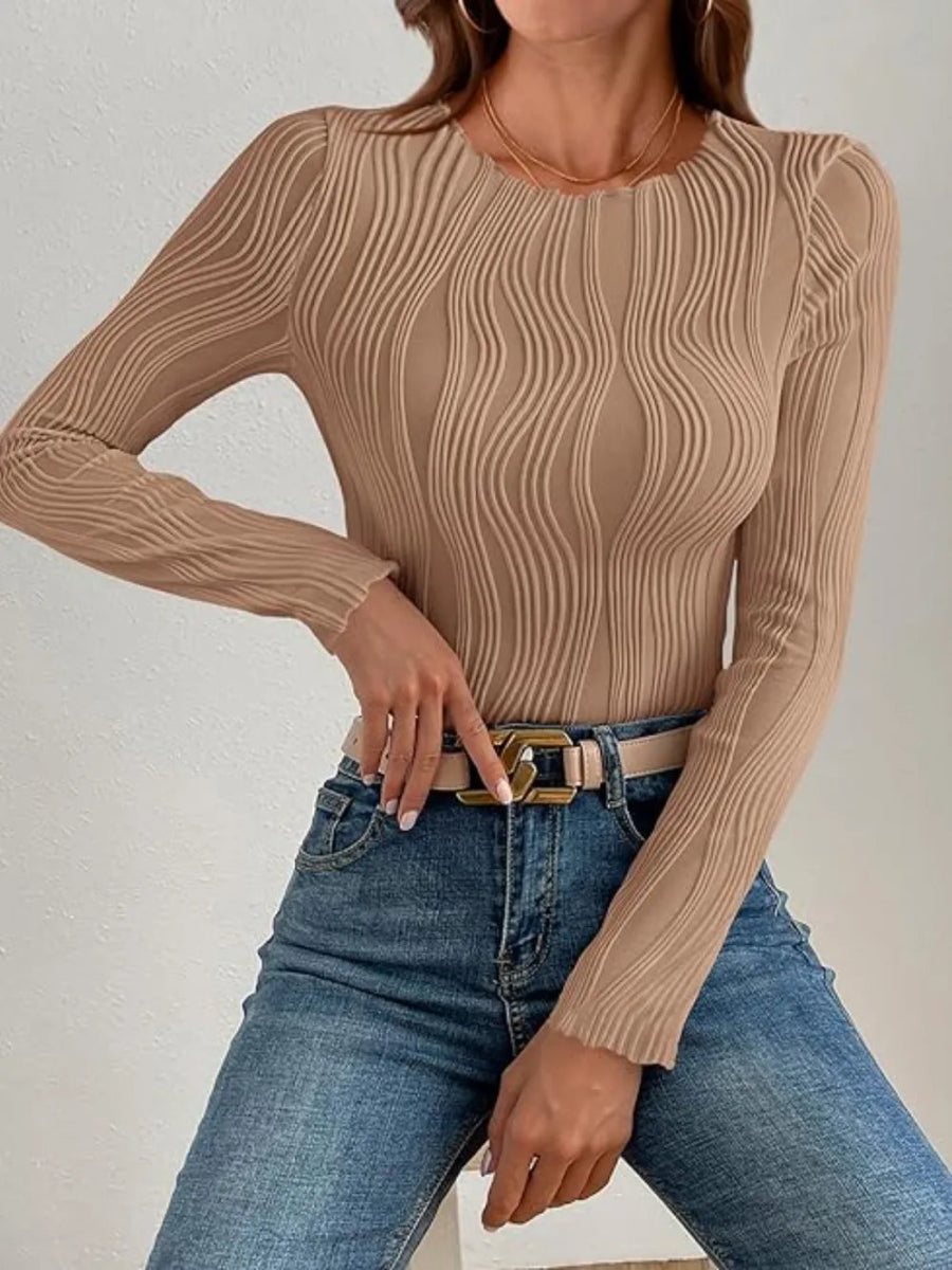 Textured Round Neck Long Sleeve Top for Everyday Wear - Love Salve
