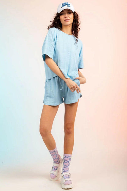 Textured Round Neck Top and Shorts Set - Love Salve