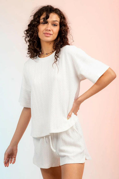 Textured Round Neck Top and Shorts Set - Love Salve