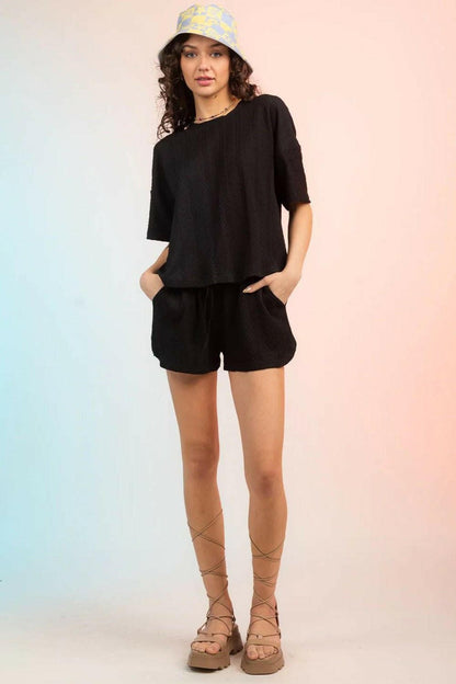 Textured Round Neck Top and Shorts Set - Love Salve