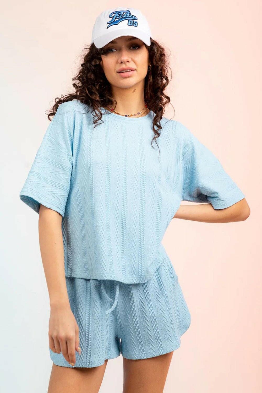 Textured Round Neck Top and Shorts Set - Love Salve