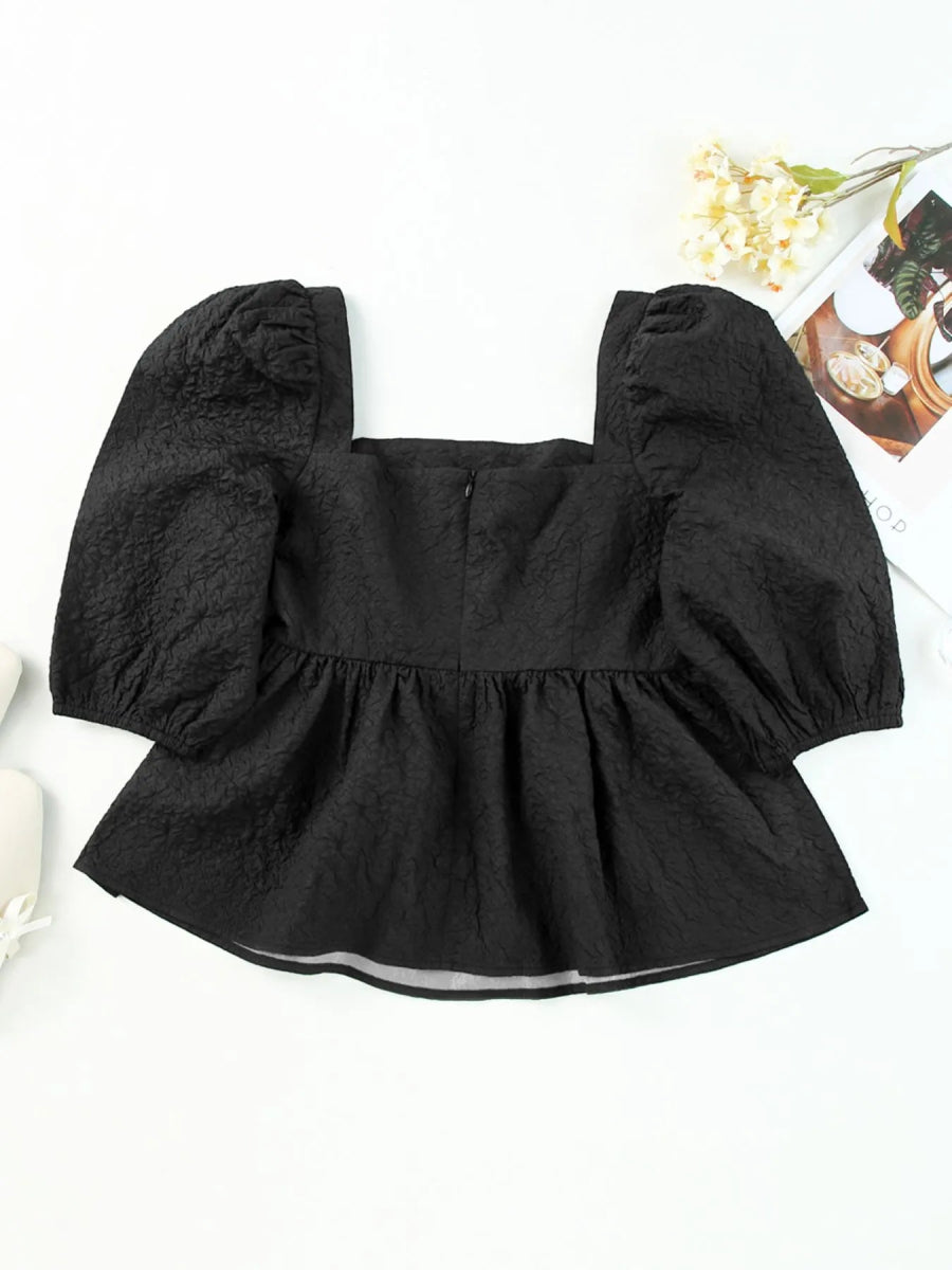 Textured Square Neck Puff Sleeve Peplum Blouse - Love Salve