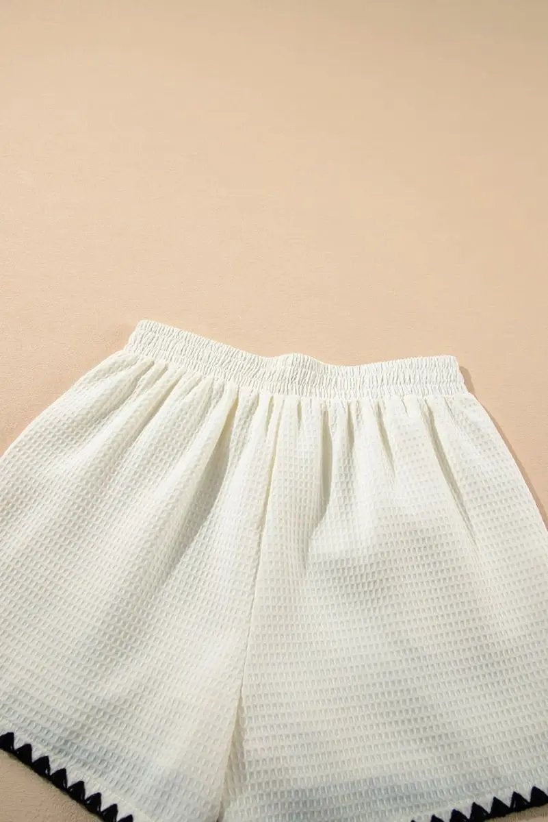 Textured White Casual Shorts with Contrasting Ricrac Hemline - Love Salve 