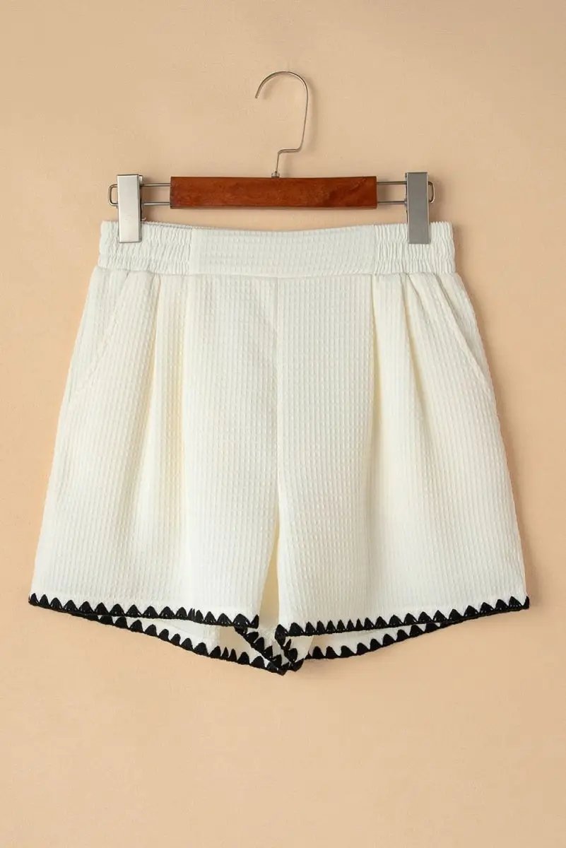 Textured White Casual Shorts with Contrasting Ricrac Hemline - Love Salve 