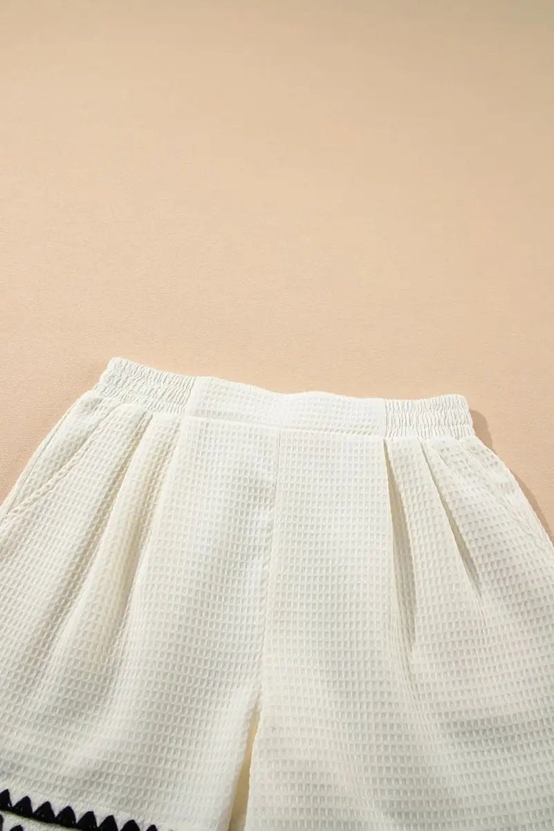 Textured White Casual Shorts with Contrasting Ricrac Hemline - Love Salve 