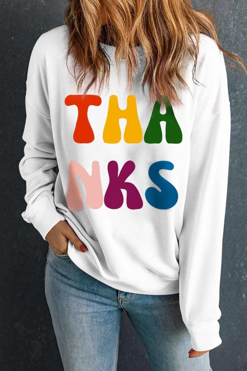 THANKS Round Neck Long Sleeve Sweatshirt - Love Salve 