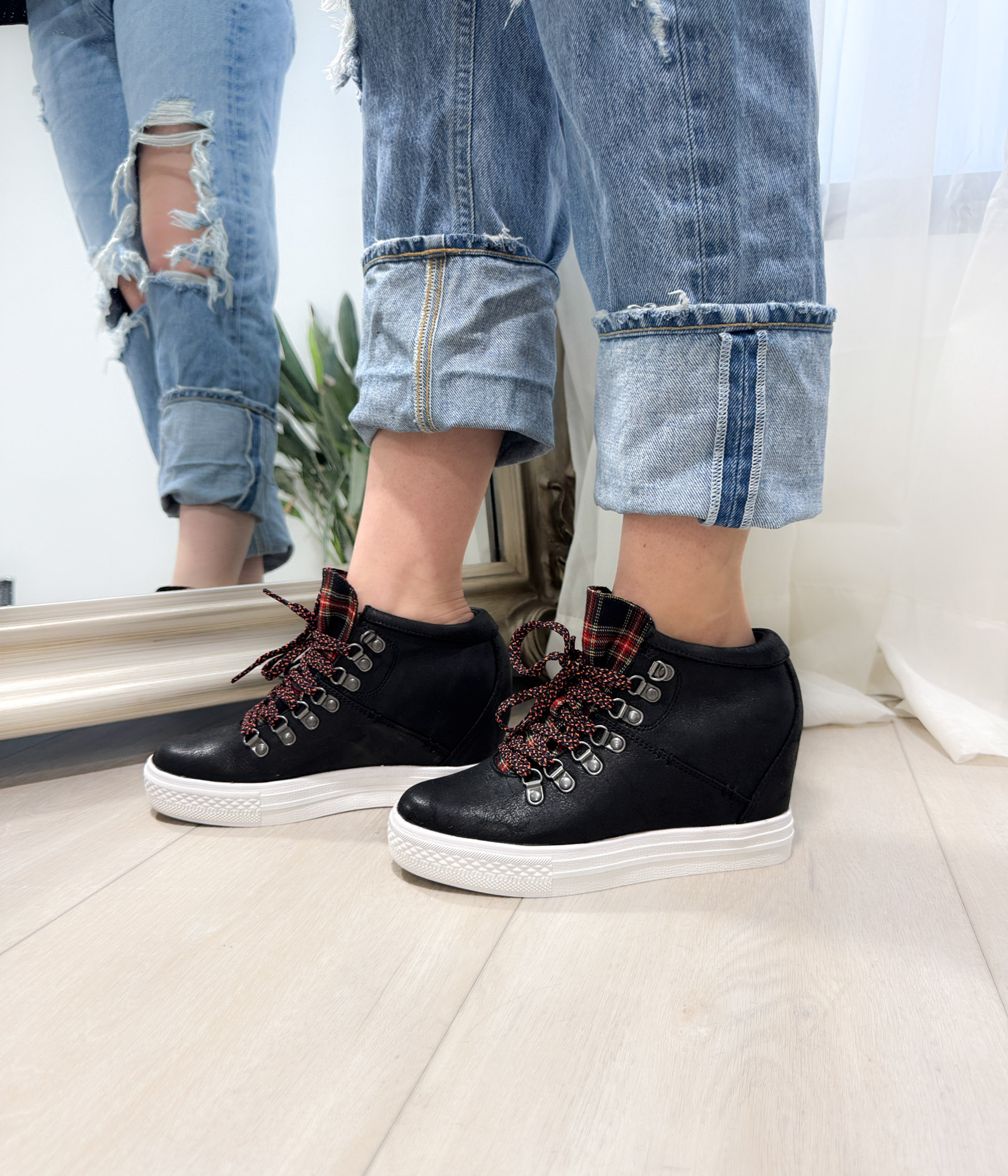 Tibi Black Sneaker With Wedge Heel And Plaid Tongue Naughty Monkey