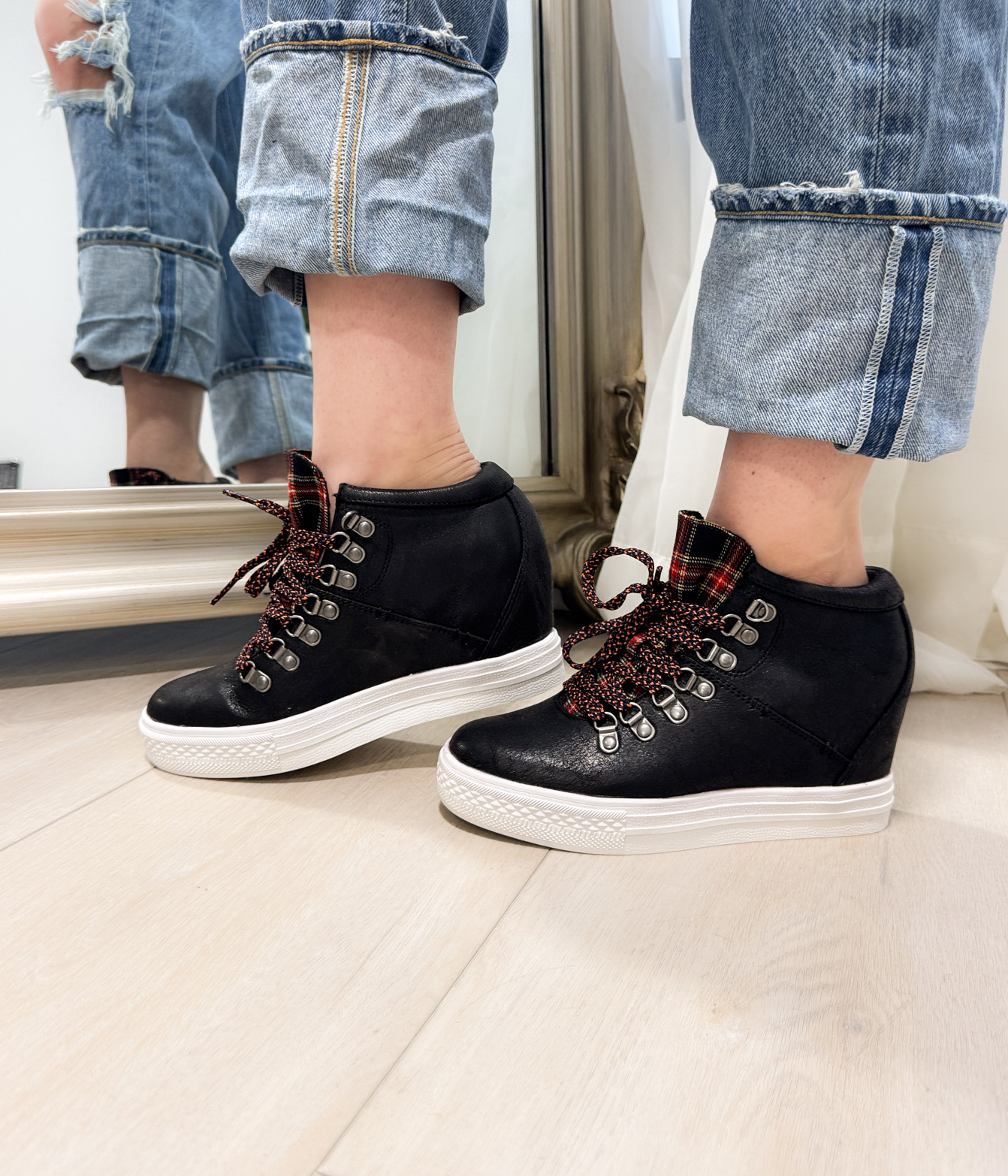 Tibi Black Sneaker With Wedge Heel And Plaid Tongue Naughty Monkey