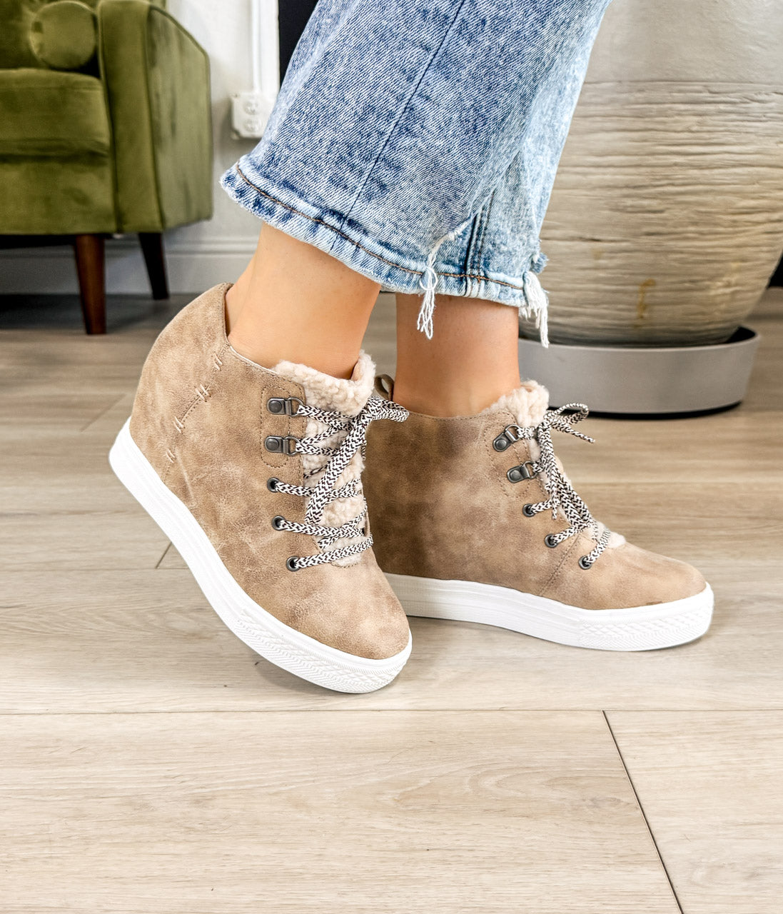 Tiburon Cream Wedge Sneaker With Faux Shearling Lining Naughty Monkey