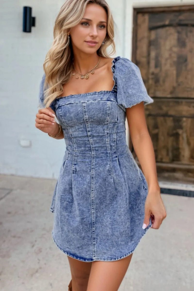 Tie Back Square Neck Puff Sleeve Denim Dress for Women - Love Salve 