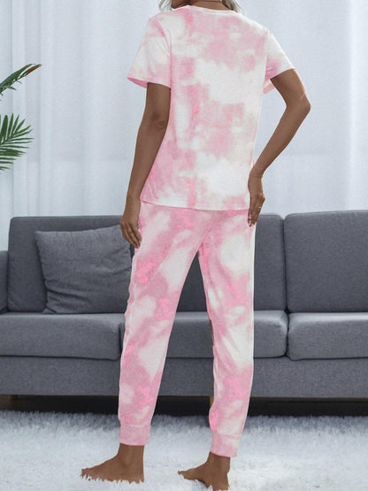 Tie-Dye Round Neck Short Sleeve Top and Pants - Love Salve