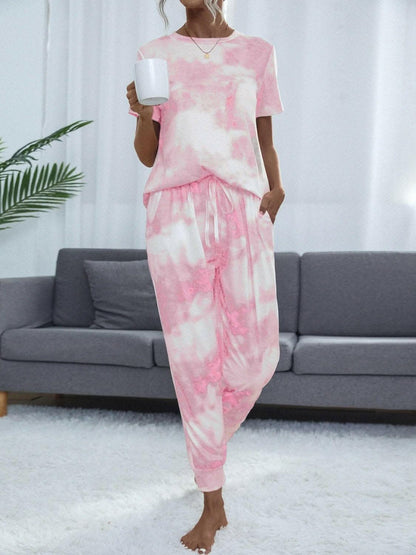 Tie-Dye Round Neck Short Sleeve Top and Pants - Love Salve