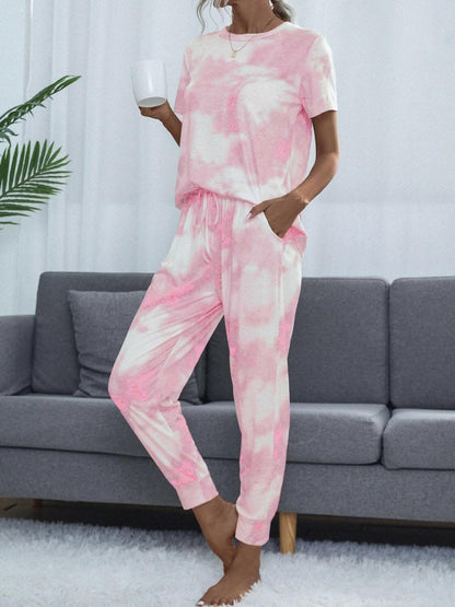 Tie-Dye Round Neck Short Sleeve Top and Pants - Love Salve