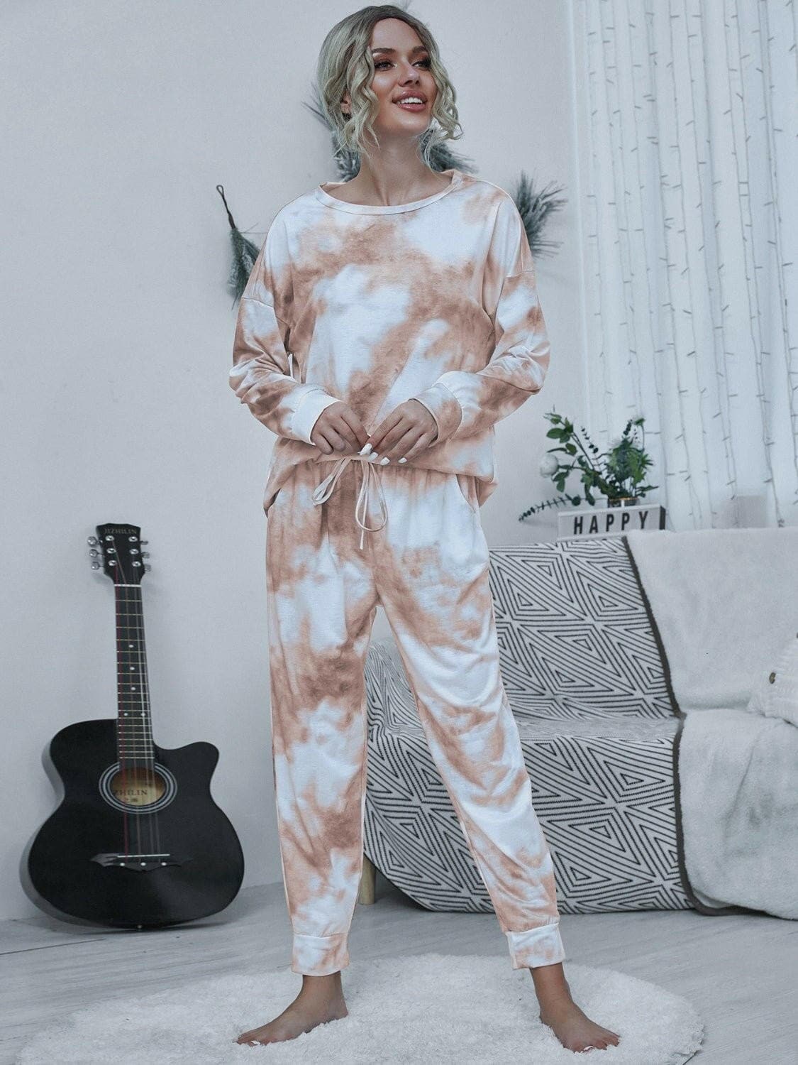 Tie-dye Round Neck Top and Drawstring Pants Lounge Set - Love Salve