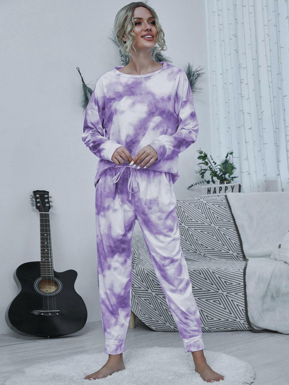 Tie-dye Round Neck Top and Drawstring Pants Lounge Set - Love Salve