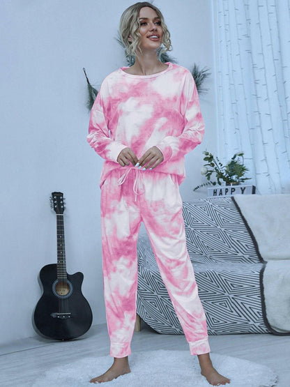 Tie-Dye Round Neck Top and Pants Lounge Set - Love Salve